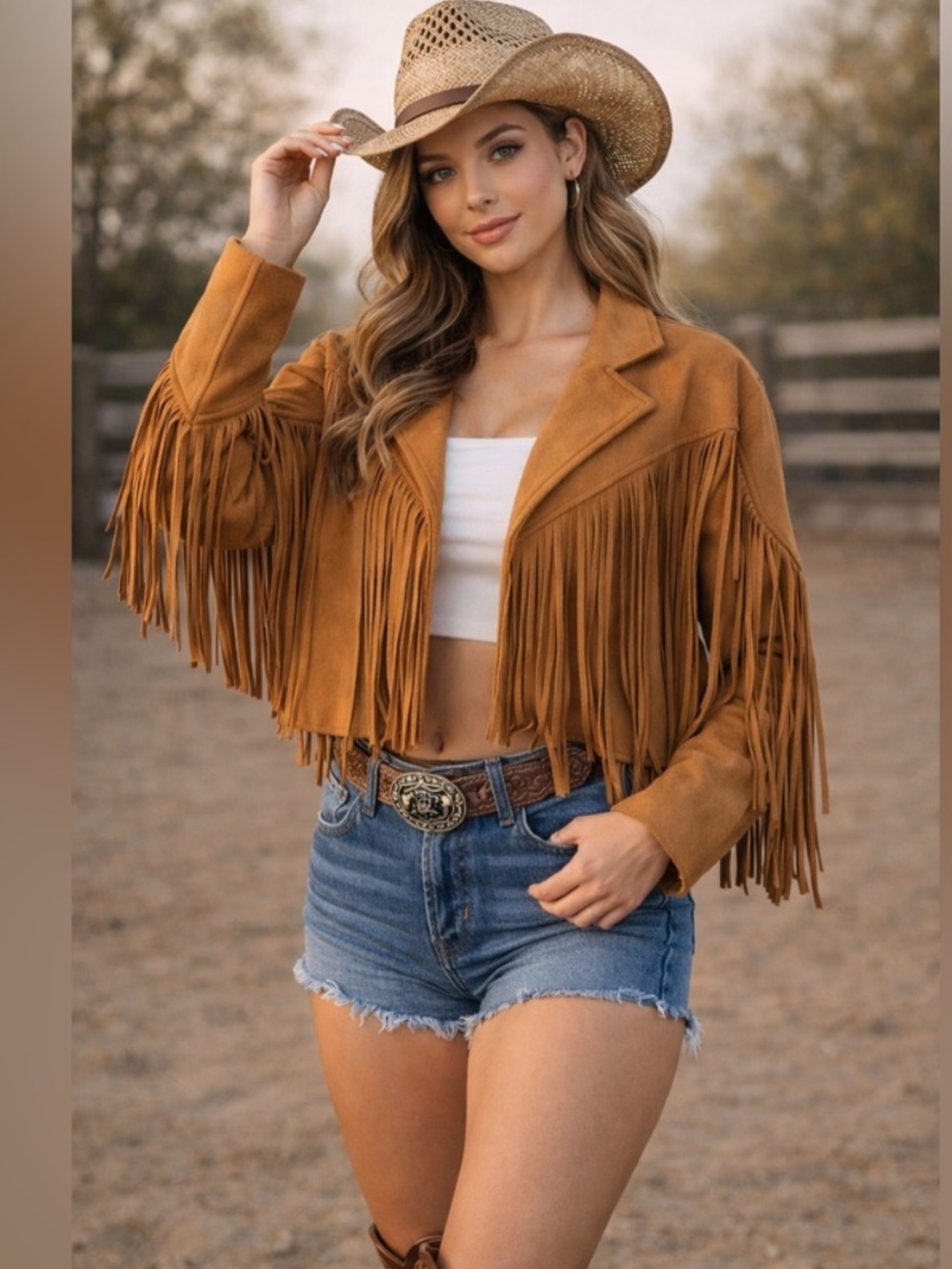 🆕 Suede Fringe Cowgirl Festival Boho Cropped Caramel-Color Jacket, NWT, size L